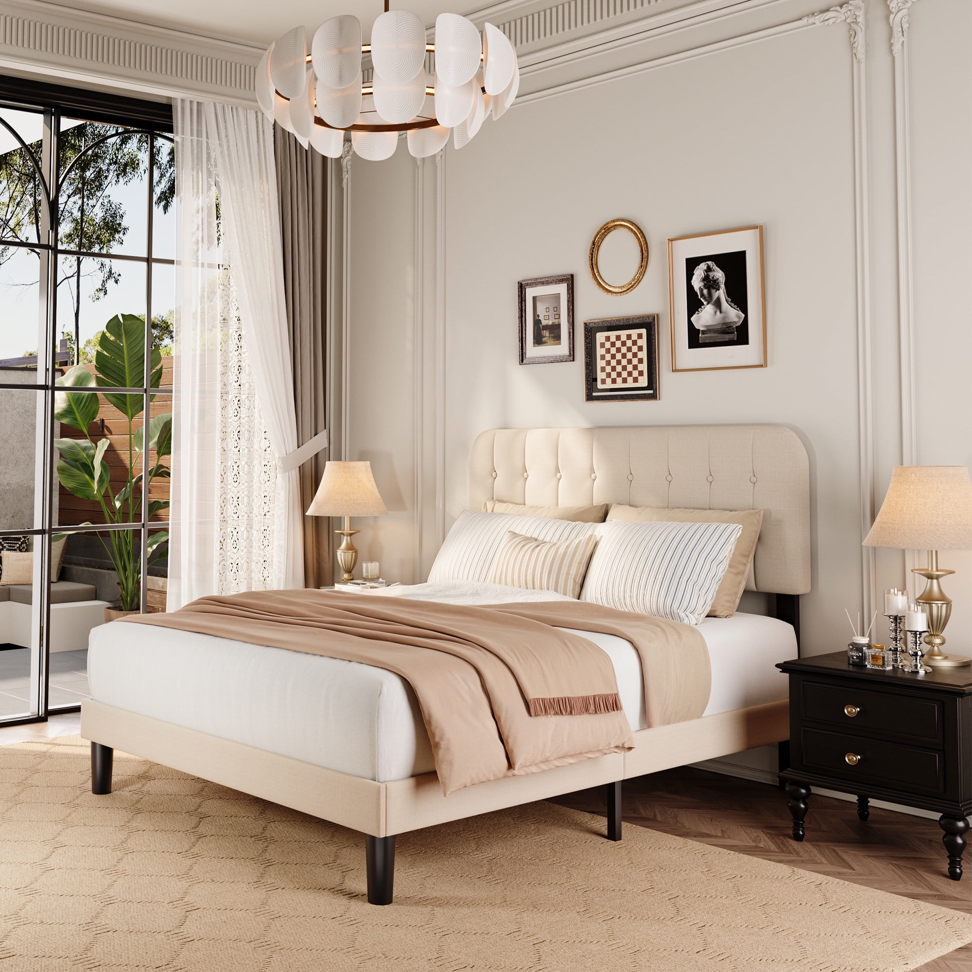 Full Size Bed Frame, Lofka Full Platform Bed Frame with Upholstered Headboard with Velcro Design for Easy Assembly, 850lbs, Beige