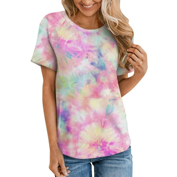 CaiJunJia T Shirts for Women Graphic,Women's Tie dye Oversized T Shirts Crew Neck Tees Half Sleeve Comfy Cozy Cotton Tunic Tops