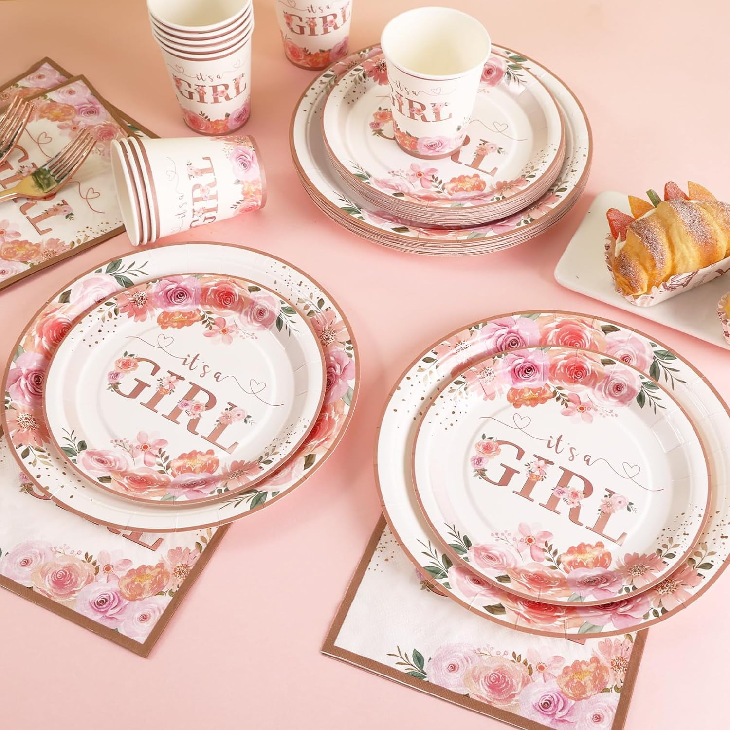 175 PCS Baby Shower Decorations for Girl, Floral Baby Shower Plates and Cups and Napkins Sets Serve 25, It's a Girl Plates Set for Baby Girl Gender Reveal Birthday Party Decorations