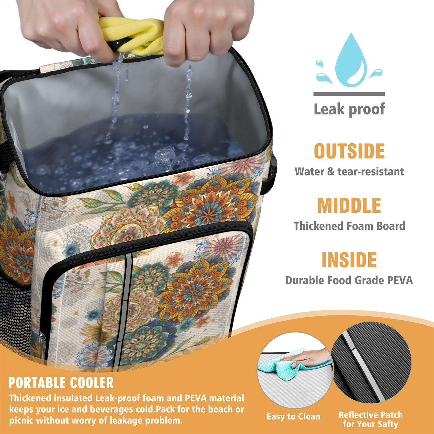 Travel Cooler Bag - Boho Bohemia Flower Camping Beer Cooler Backpack with Bottle Opener- Waterproof Insulated Picnic Backpacks - Cooler Bag for Beach