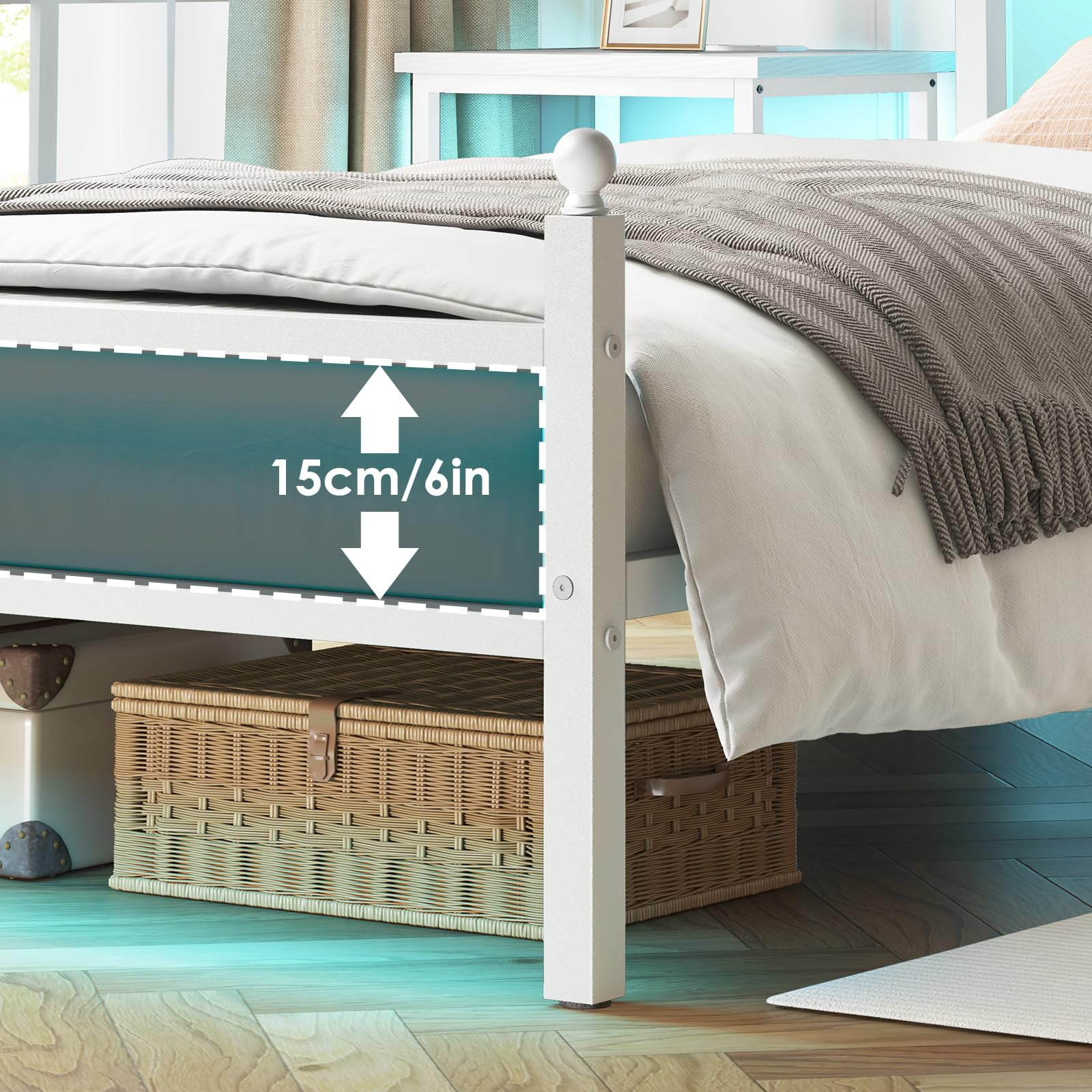 Fairy Twin Bed Frame with Charging Station, Metal Platform Bed with LED Lights, White