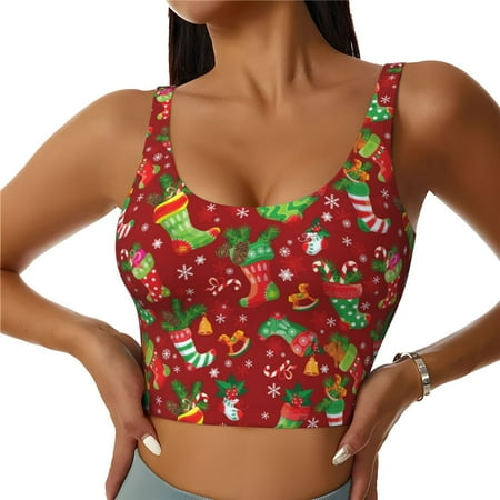 Jgfou X-mas and New Year Print Womens Sports Bra - Padded Workout Sports Bras Crop Tank Top