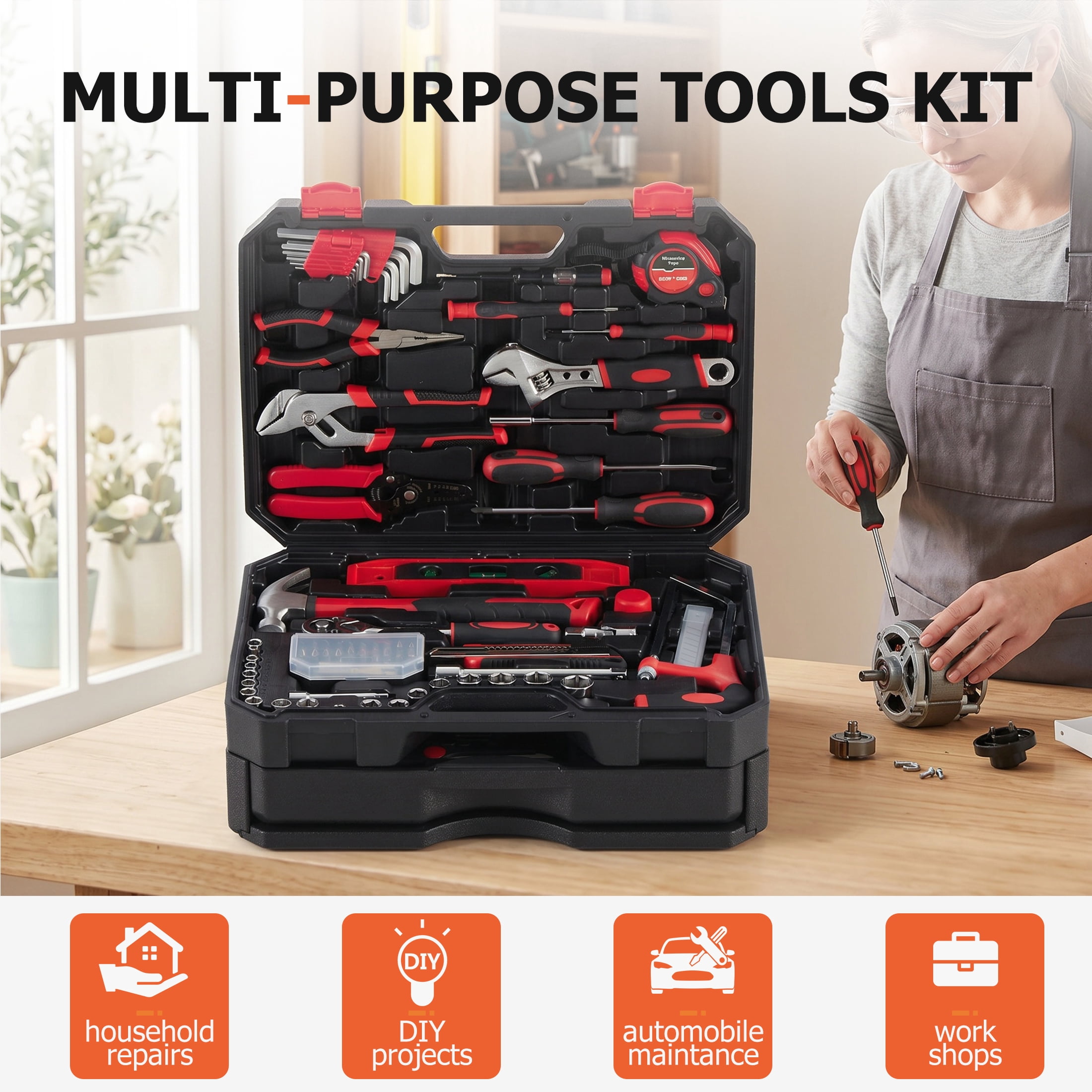 EDX 330-Piece Household Tool Set, Universal Home and Auto Repair Tool Kit with Drawer Toolbox Storage, Black and Red