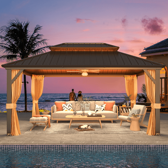 Hommow 12' x 16' Hardtop Gazebo Aluminum Frame Gazebo with Galvanized Steel Double Roof