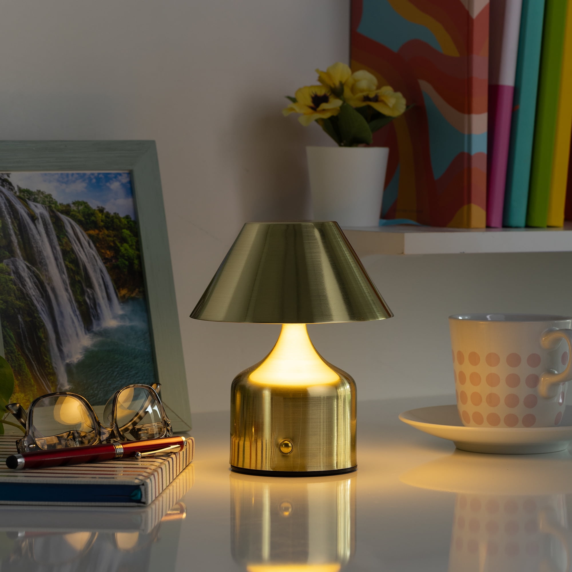 Mainstays LED Portable Cordless Table Lamp with Touch Control, Dimmable CCT, 6 in, Brushed Gold