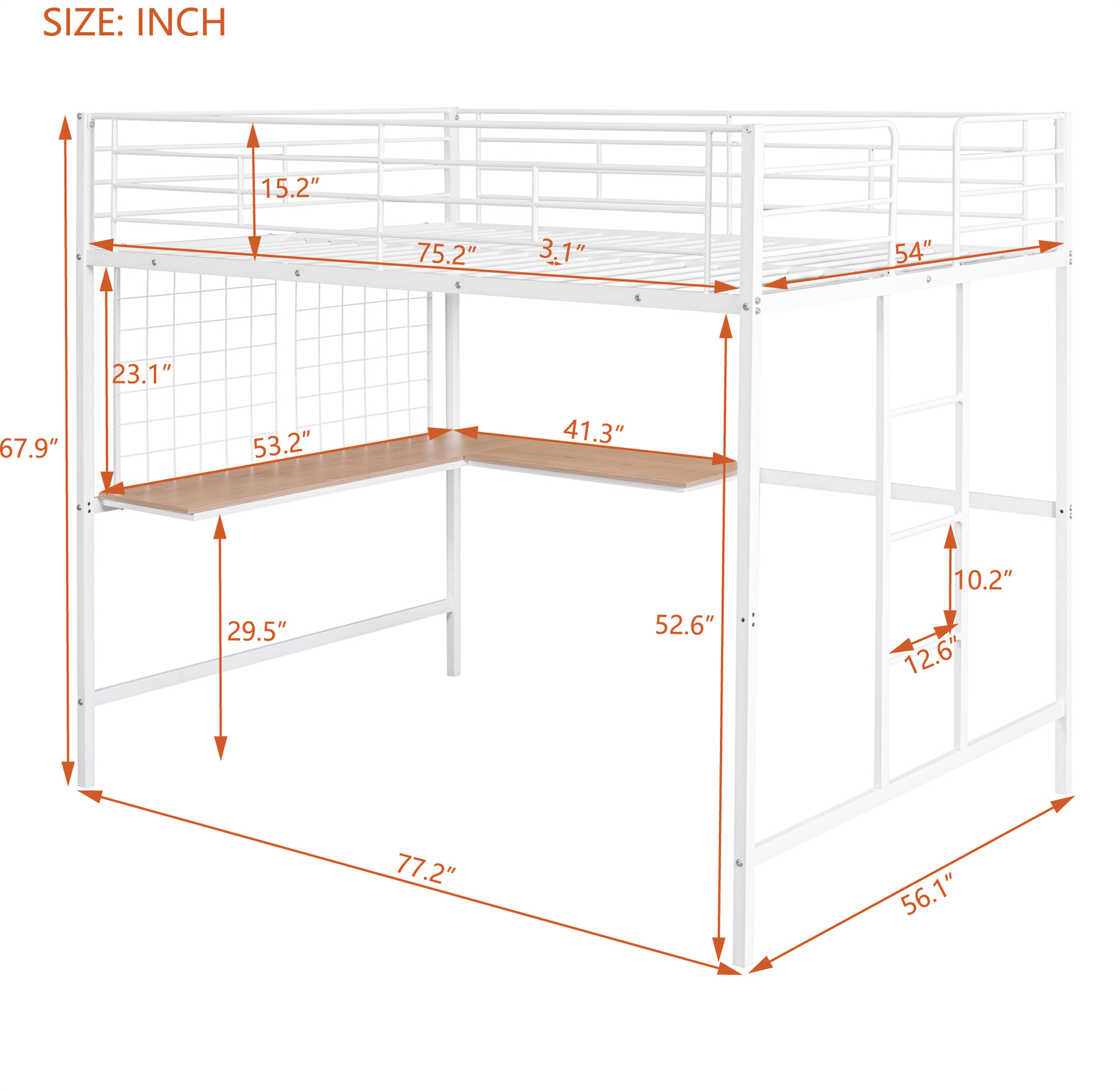 Aukfa Full Size Loft Bed with L shape Desk, Heavy Duty Metal Bed Frame for Teens Adults, White