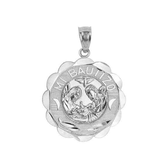 14K Gold White Rhodium, Mi Bautizo Baptism Christening Medal Pendant Religious Charm Round 19mm with 16" Dainty Neck Chain