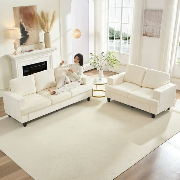 MUZZ Living Room Furniture Sets, Chenille 3 Seater Sofa and Loveseat Set for Living Room, 2 Piece Sofa and Couch Set, Beige