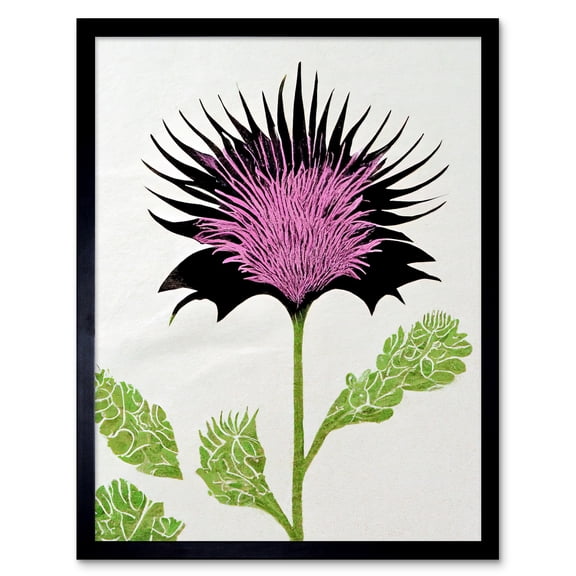 Linocut Scottish Thistle Abstract Wildflower Art Print Framed Poster Wall Decor 12x16 inch