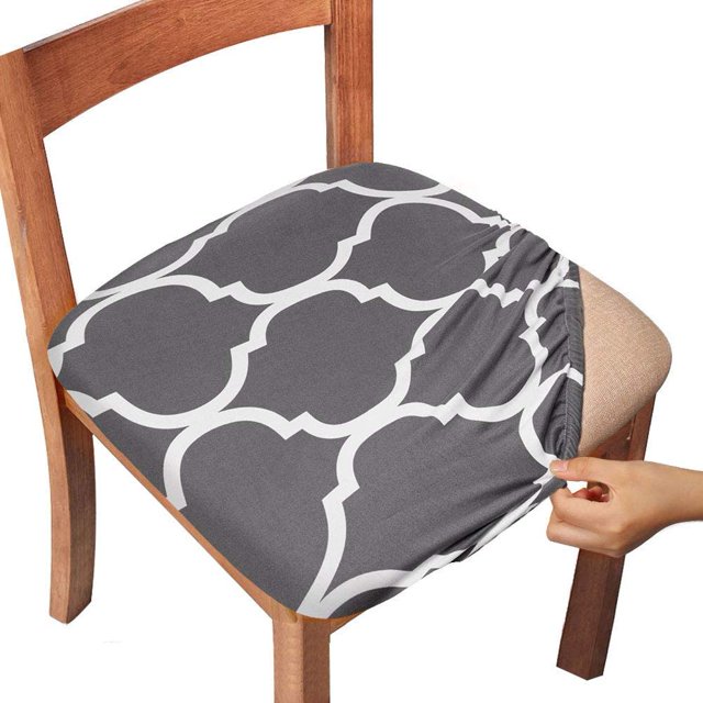 Chair Seat Covers, Dining Room Chair Seat Covers with Ties, Stretch Printed Chair Covers Protectors for Dining Room Kitchen Chairs (Set of 6, Grey Geometric)