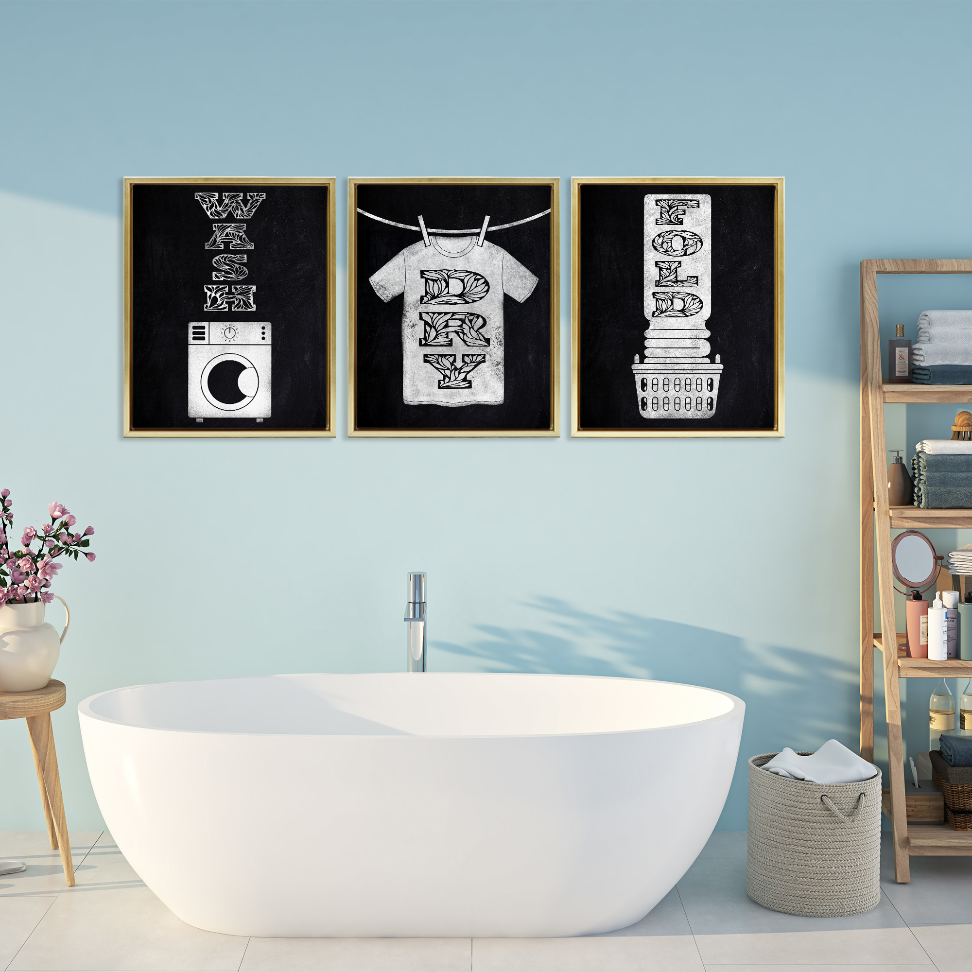 Wash & Dry Ornate Letters 3 Piece Gold Framed Floater Canvas Set, design by Marcus Prime