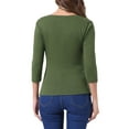 thumbnail image 3 of INSPIRE CHIC Women's Ruched Blouse Button Decor V Neck 3/4 Sleeve Solid Knit Top L Olive Green, 3 of 5
