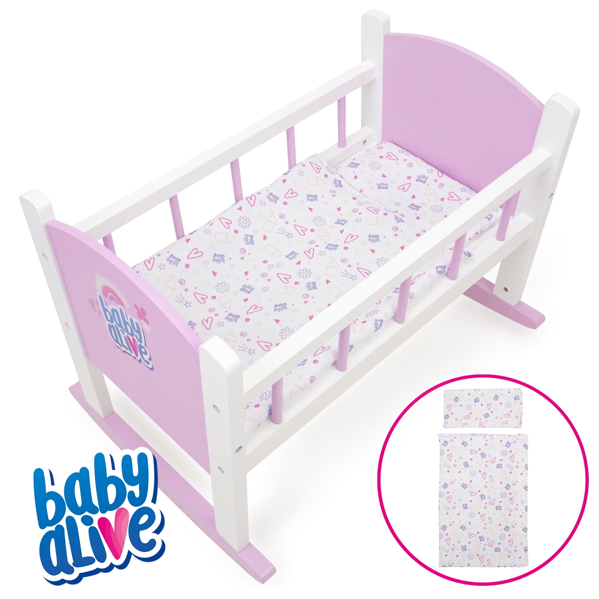 509 Crew: Baby Alive - Wooden Doll Cradle - Pink-White-Purple, Rocking Bed, Pillow & Blanket, Doll & Plush Sleeping Accessory, Roleplay Toy, Kids 3+
