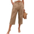 thumbnail image 2 of Breathable Linen Capri Pants for Women Wide Leg Pleated Front High Waisted Trousers Button Fly with Pockets Casual Summer Elegant Slacks, #01 Camel, L, 2 of 5