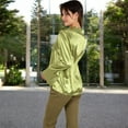 thumbnail image 7 of Women's Satin Button-Up Shirt with Collar and Flared Cuffs - Small, Green, 7 of 7