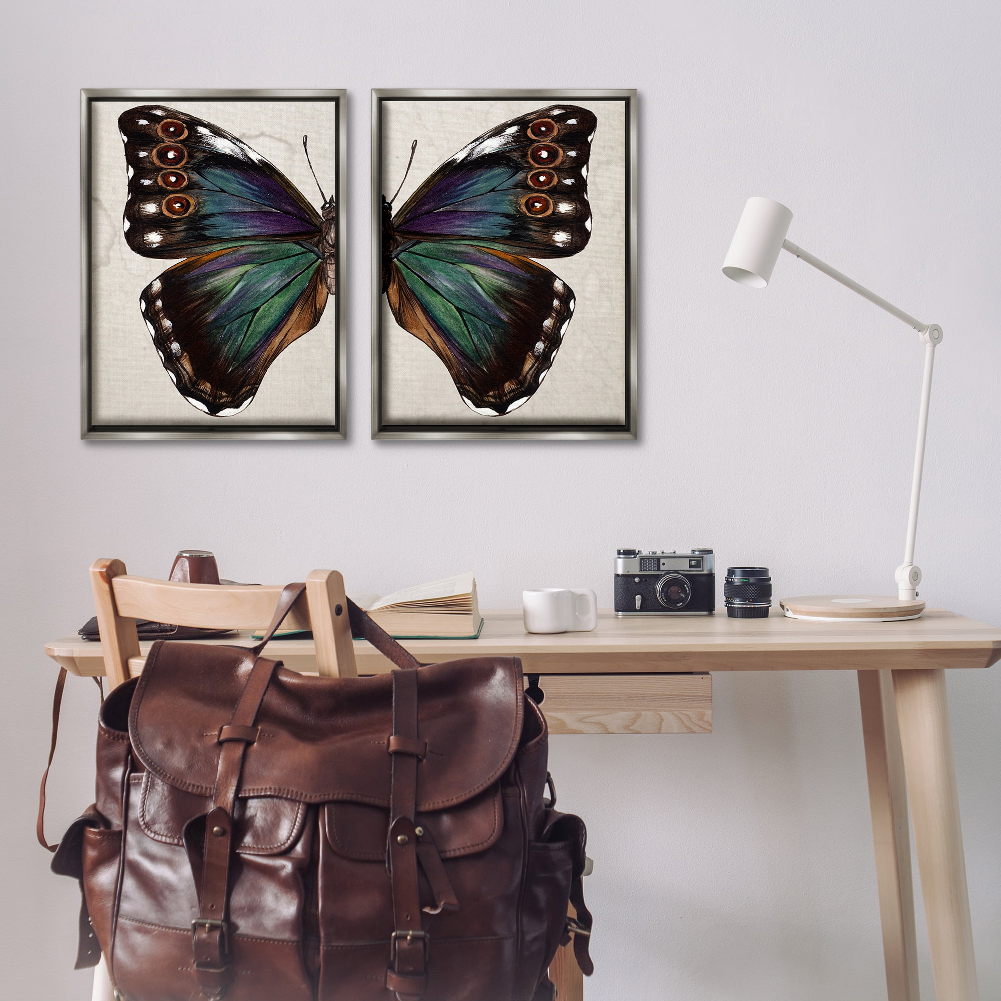 Stupell Industries Colorful Purple Green Butterfly Animals Painting Gray Floater Framed Canvas Art Print Wall Art, 21 x 31, Set of 2
