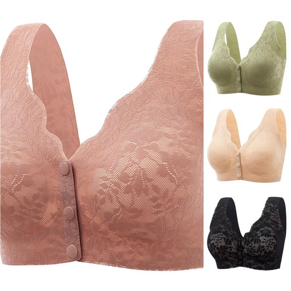 Vrotazzy Women's Front Open Button Top Up Comfortable Traceless Lace Plus Size Gathered Drop Bra