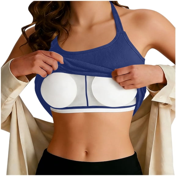 Womens Plus Size Ribbed Tank Tops with Built in Bra Summer Halter Cropped T Shirts Sports Workout Yoga Top Blue, 2XL