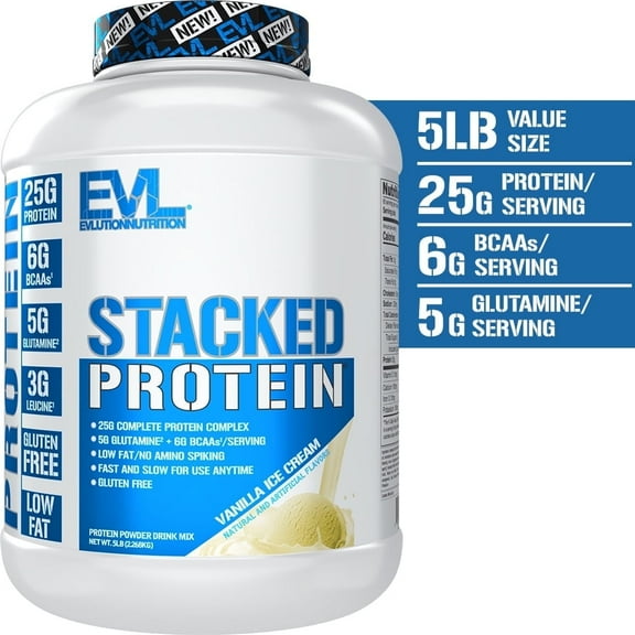 Evlution Nutrition Stacked Protein Protein Powder with 25 Grams of Protein, 6 Grams of BCAAs and 5 Grams of Glutamine (Vanilla Ice Cream, 5 LB)