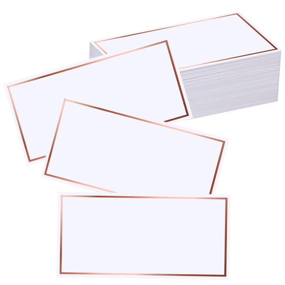 EXQUISS 50 tarjetas de lugar con borde de papel de aluminio de oro rosa, etiquetas de nombre, tarjetas de asiento, tarjetas de lugar en blanco, tarjetas blancas, tarjetas reservadas, perfectas para bo
