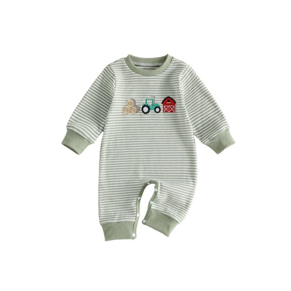 Cenuakty Baby Boy Fall Romper Waffle Stripe Print Embroidery Long Sleeve Jumpsuits