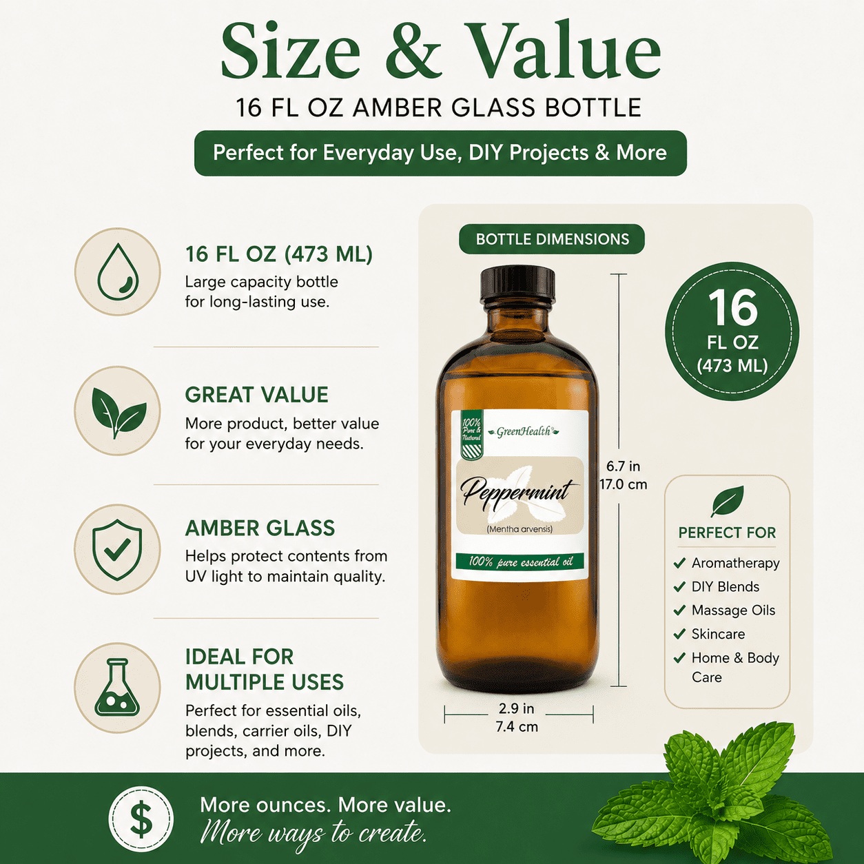 Peppermint Essential Oil - 16 fl oz (473 ml) Glass Bottle w/ Cap - 100% Pure Essential Oil by GreenHealth