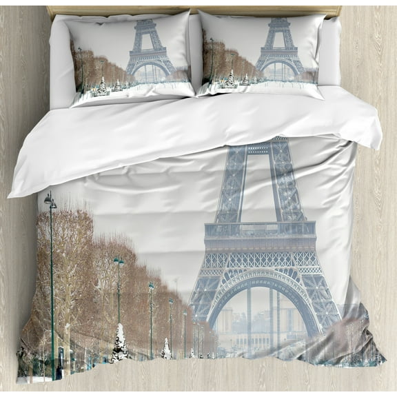Winter Queen Size Duvet Cover Set, Eiffel Tower in Snow Outdoors Champ de Mars Tourist Attraction Paris France, Decorative 3 Piece Bedding Set with 2 Pillow Shams, White Brown Green, by Ambesonne