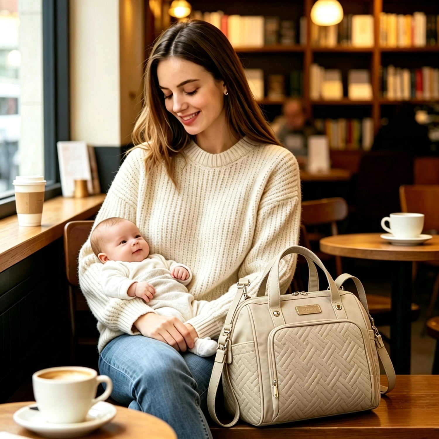 DEFAHN Small Travel Maternity Bag, Waterproof Mini Diaper Backpack with Insulated Pockets, Apricot