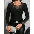 thumbnail image 5 of Women'S Rhinestone Sparkly Floral Lace T Shirt Long Sleeve Fitted Knit Top Black XL, 5 of 9