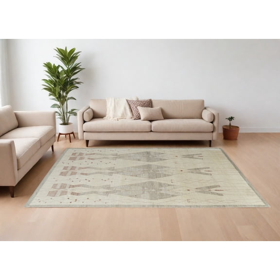 6' X 9' Gray and Red Wool Geometric Hand Knotted Area Rug