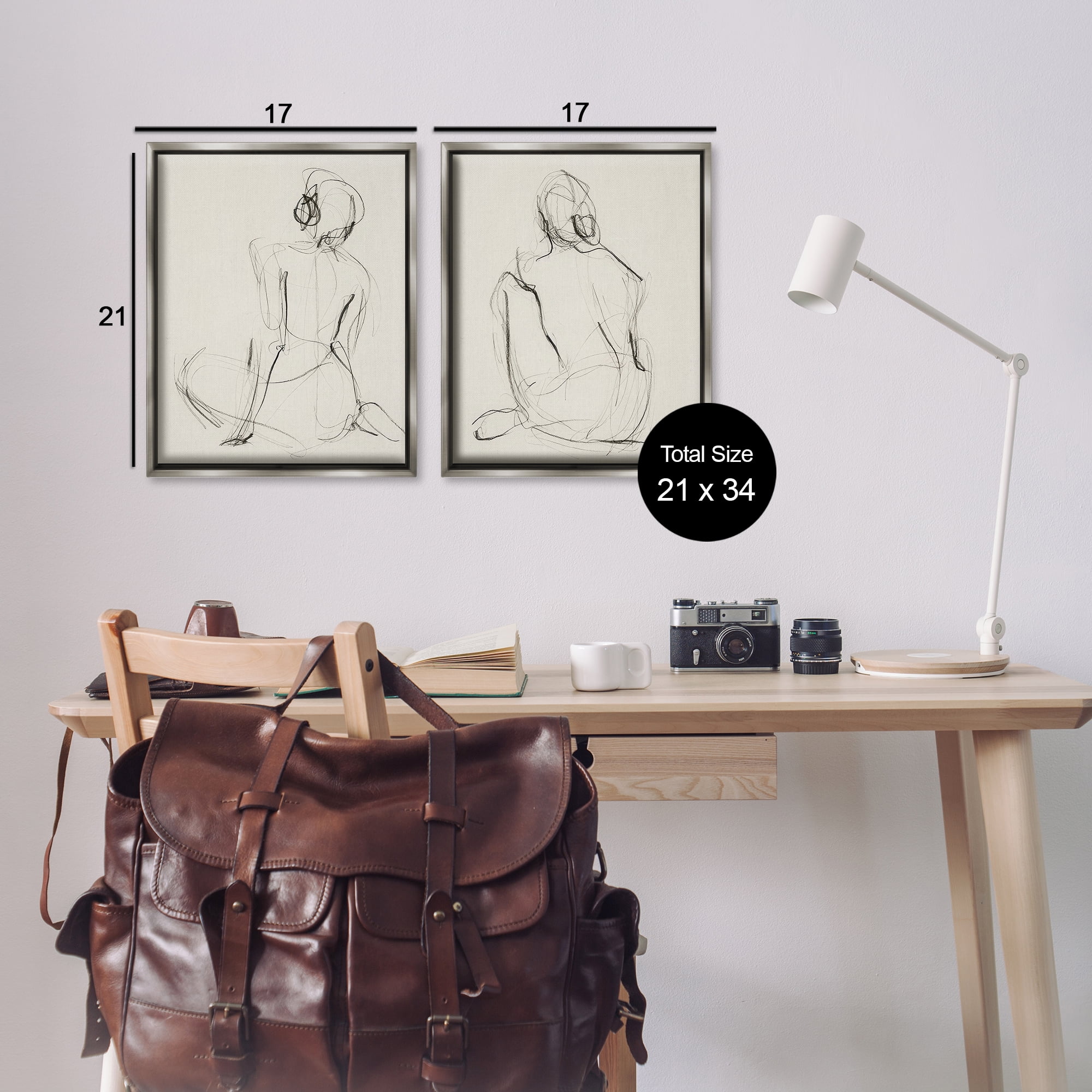 Stupell Industries Sitting Female Figure Drawing People Drawing Gray Floater Framed Canvas Art Print Wall Art, 17 x 21, Set of 2