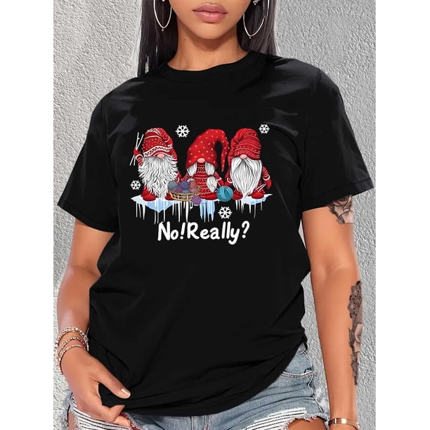 Christmas Cute Letter Print T-shirt, Short Sleeve Crew Neck Casual Top For Summer & Spring, Women's Clothing