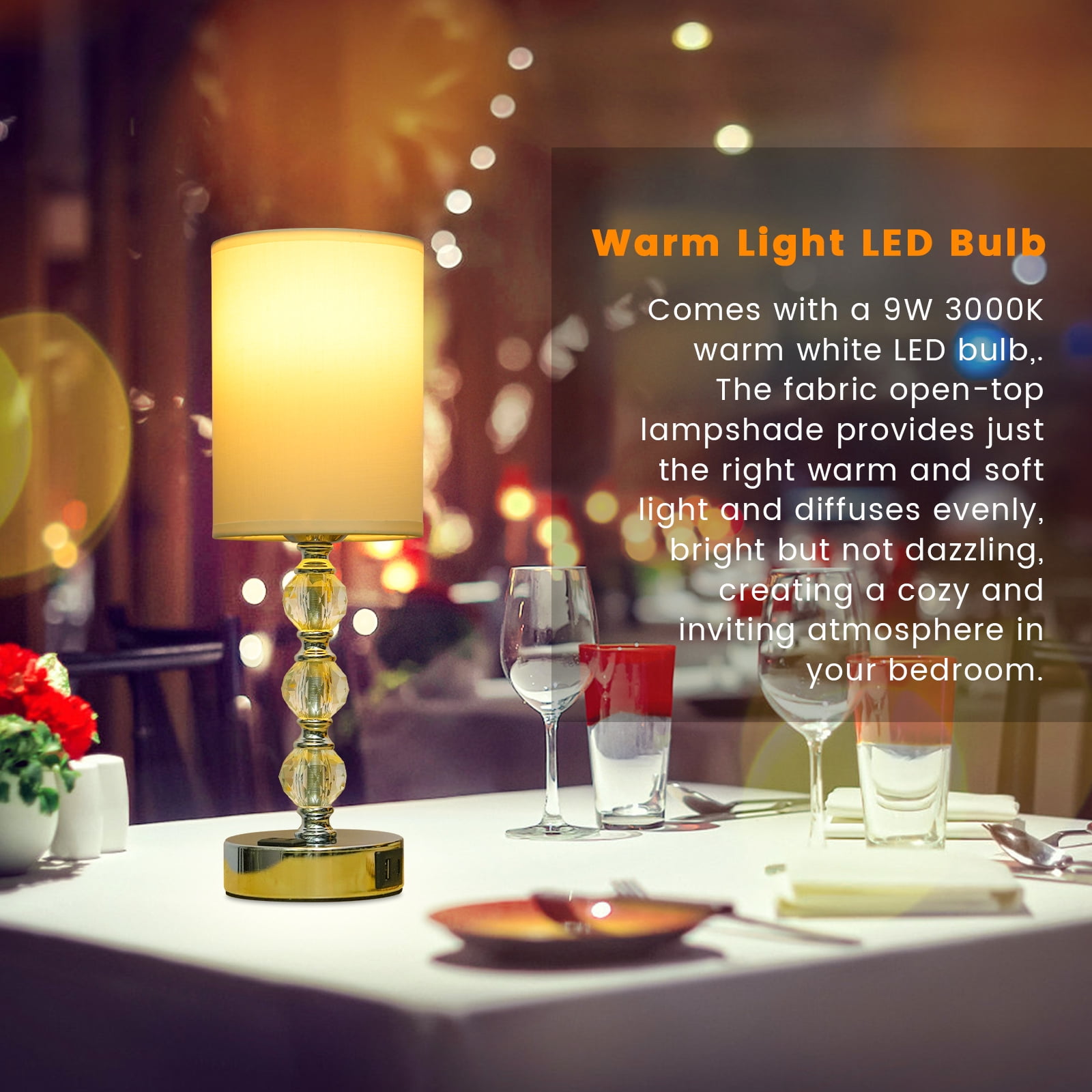 Touch Crystal Table Lamp, Small Bedside Lamp with USB C+A Charging Port and AC Outlet, 3 Way Dimmable Nightstand Lamp for for Bedroom Living Room, Office