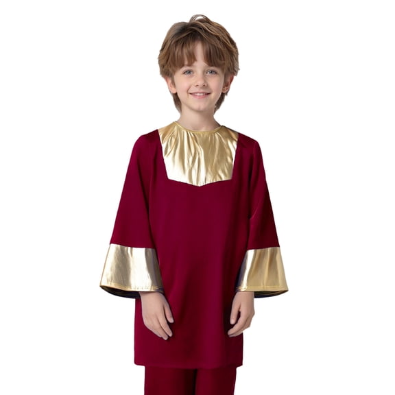 Hansber Kids Boys Praise Dance Top Long Sleeve Metallic Back Zipper Choir Church Worship Dance Stage Performance Tunic Top Burgundy 12