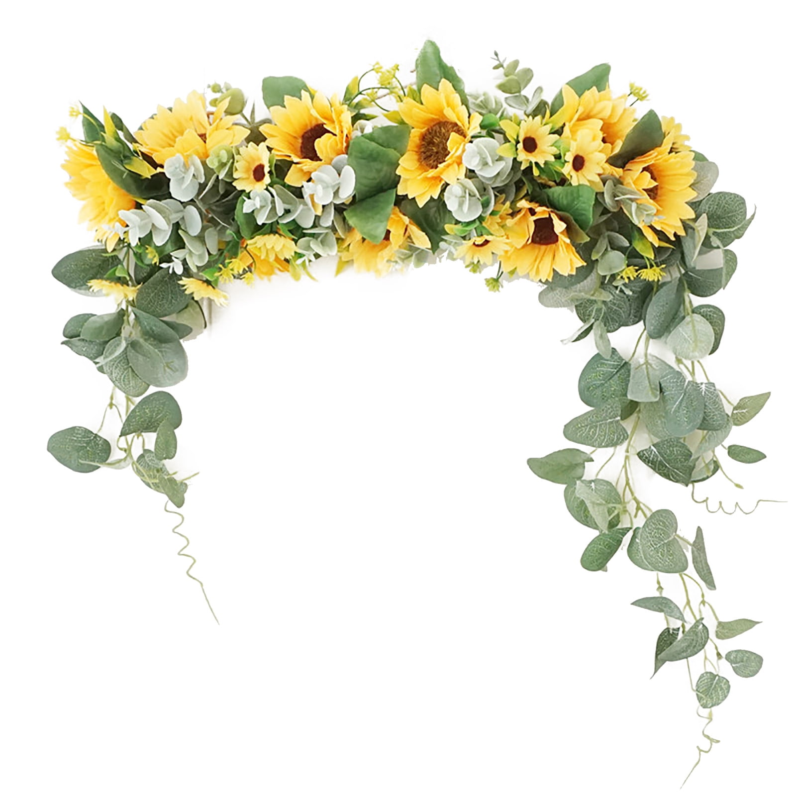 YQing 48cm Sunflower Artificial Flower Swag Floral Swags with Eucalyptus Green Leaves Wreath for Front Door Mirror Wall Wedding Arch Home Decoration