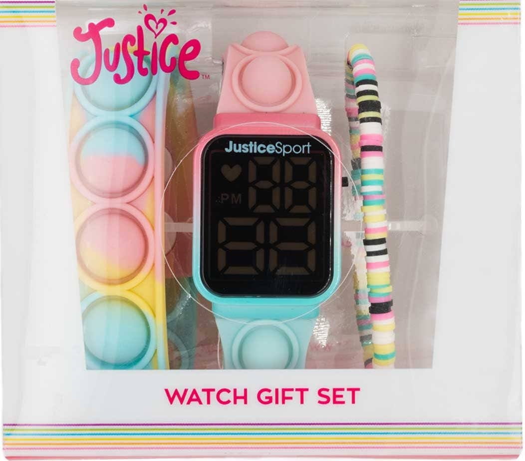 Justice Female Child Silicone Watch Bracelet Set in Pastel Colors Popper Fidget Band