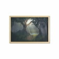 thumbnail image 1 of Dark Forest Wall Art with Frame, Illustration of Sun Beams Reflecting in the Woodland Pathway Spooky Landscape, Printed Fabric Poster for Bathroom Living Room, 35" x 23", Multicolor, by Ambesonne, 1 of 2