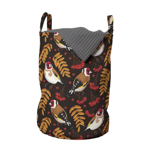 Birds Laundry Bag, Goldfinch Pattern with Rowan Berry and Seasonal Foliage Leaves Autumn Flora and Fauna, Basket with Handles Drawstring Closure for Laundromats, 13" x 19", Multicolor, by Ambesonne