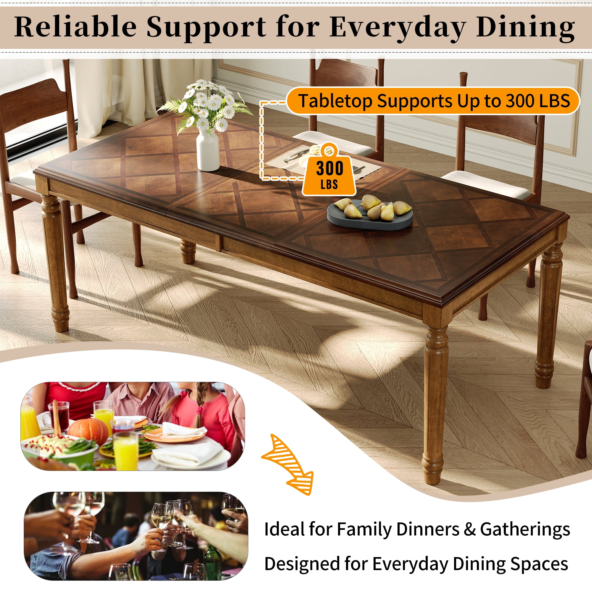 Euroco 78.7" Rectangular Modern Dining Table for 6-8 Person, Wood Kitchen Table with Turned Legs for Dining Room,Walnut