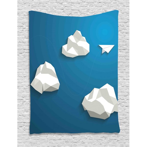 Cloud Tapestry, Paper Plane Flying Through Polygonal Clouds Modern Abstract Arrangement Travel Theme, Wall Hanging for Bedroom Living Room Dorm Decor, 40W X 60L Inches, Blue White, by Ambesonne