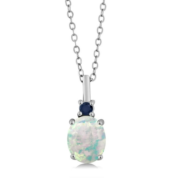 Gem Stone King 925 Sterling Silver White Simulated Opal and Blue Sapphire Pendant Necklace for Women (1.68 Cttw, Gemstone October Birthstone, Oval Cabochon 9X7MM, with 18 inch Silver Chain)