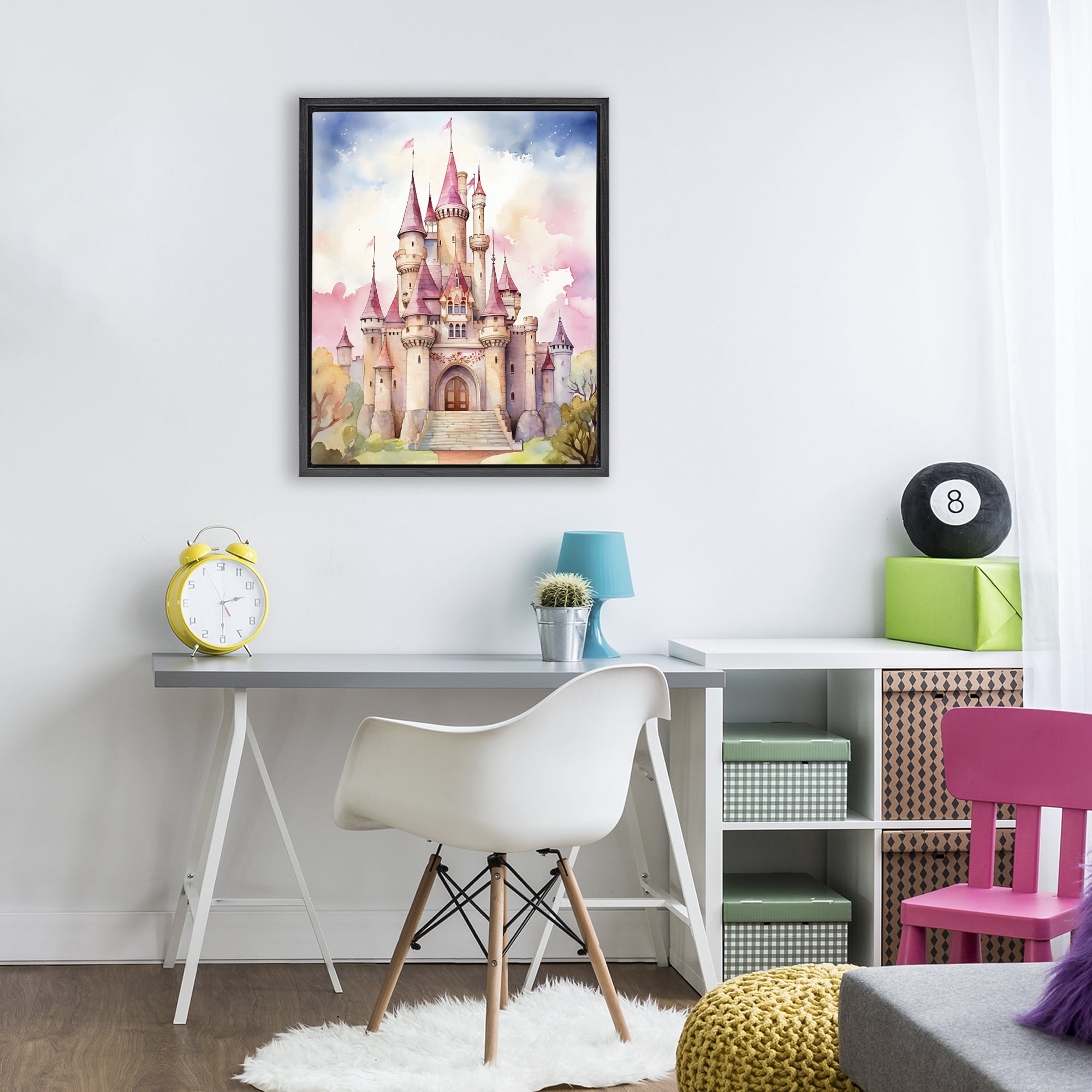 Stupell Industries Princess Castle Watercolor Portrait Black Framed Floater Canvas Wall Art, design by Creative Studio