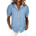 thumbnail image 2 of Endives Short Sleeve Shirt For Women Casual Washed Distressed Puff Sleeve Button Down Shirts Dressy Blouse Business Shirt Work Tops Light Blue, 2 of 4