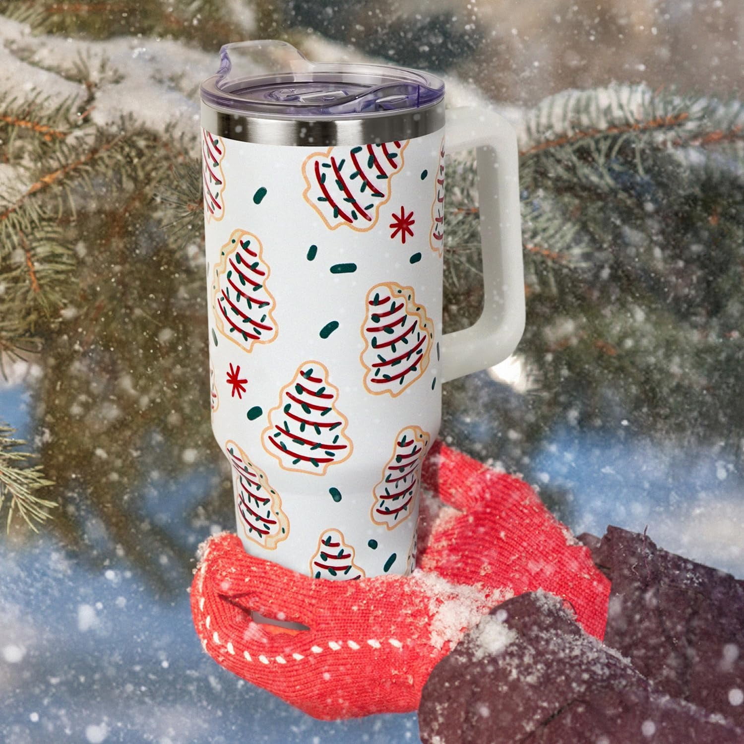 Christmas Gifts 40 oz Tumbler with Handle and Straw Lid,Cute Gifts for Women Christmas Tree Snack Cake Vacuum Insulated Leak Proof Tumbler,Winter Holiday Accessories Stainless Steel Coffee Cup Mug