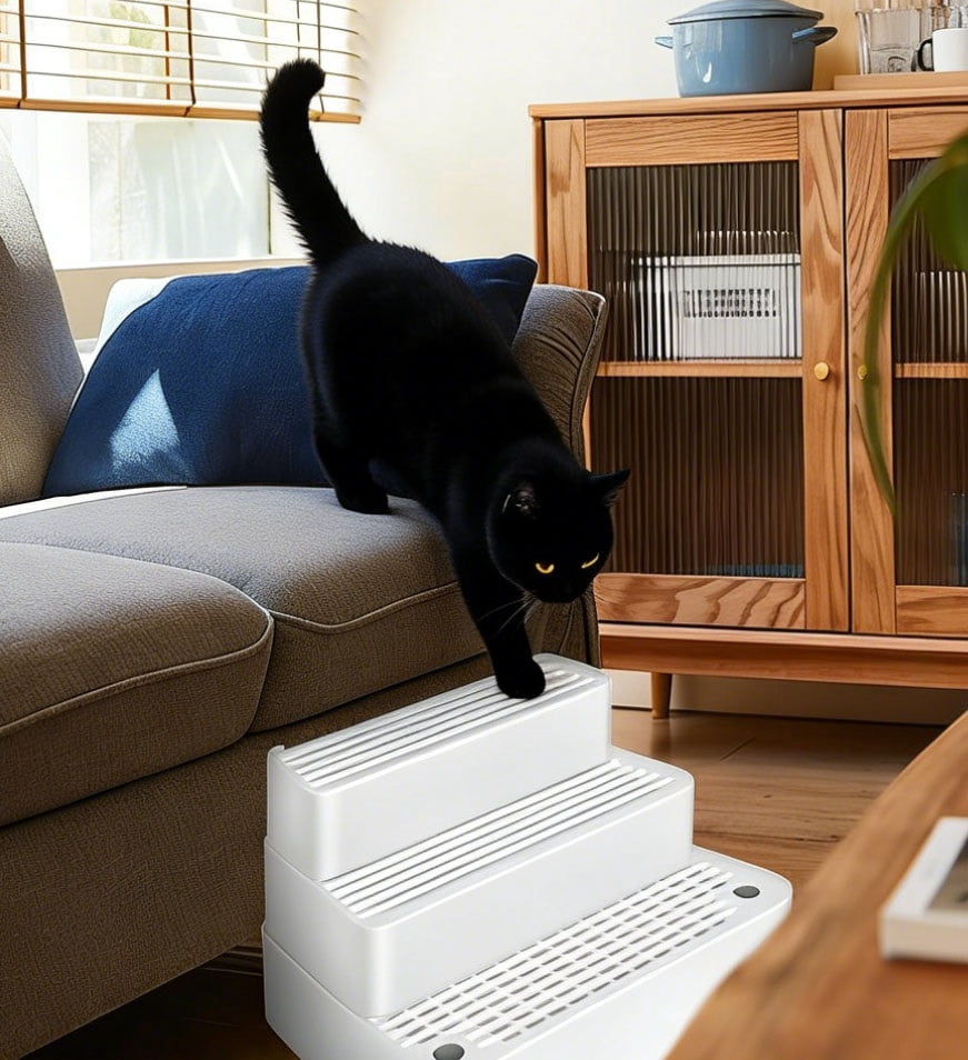 Adjustable 3 Steps Litter Box Ramp with Detachable Litter Trapper,Non-Slip Easy Clean Cat Litter Stair for Small & Elderly Cats,Litter Box Ramp with Filter Function.