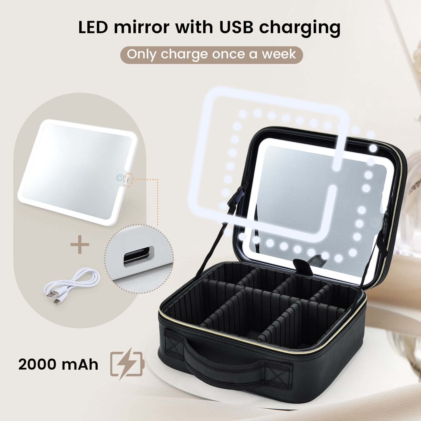 Portable Makeup Bag with LED Mirror Travel Makeup Case Large Cosmetic Train Case with Brush Holder