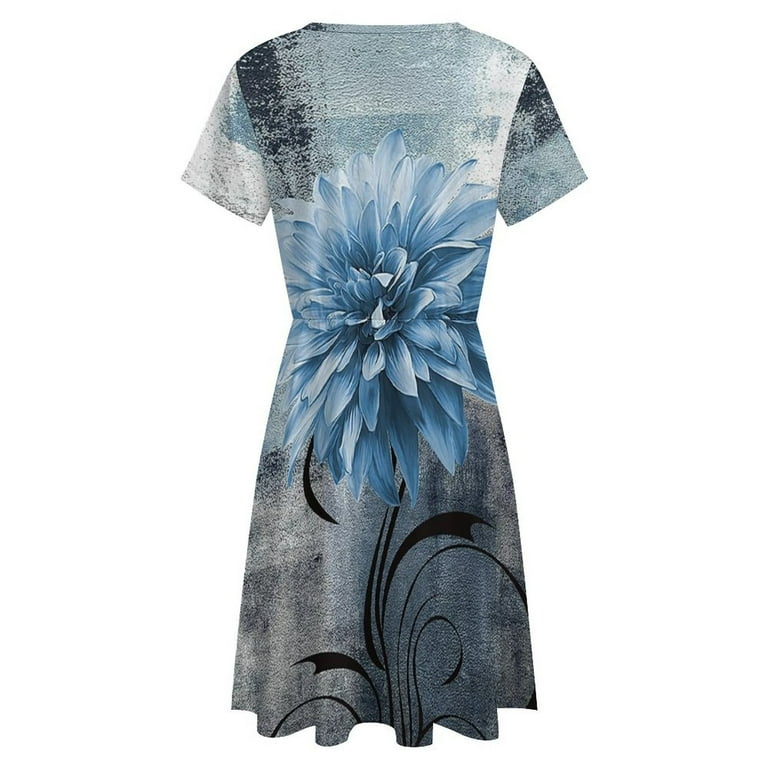 blue flower sun dress Blue Floral Midi Summer Dress with Short Puff Sleeves– PromGirl main image 1