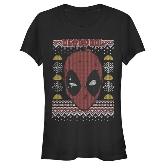 Junior's Marvel Ugly Christmas Deadpool Mask  Graphic Tee Black Large