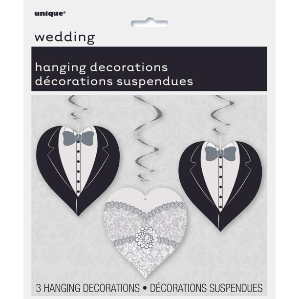 Unique Party - Decoración Colgante Diseño Corazón Boda - Pack de 3 (Negro, Blanco, Plateado)