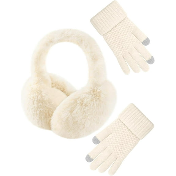 Winter Ear Muffs with Gloves Sets for Women Faux Fur Warm Earmuffs Cold Weather Fluffy Ear Warmers Foldable Ear Covers Headband